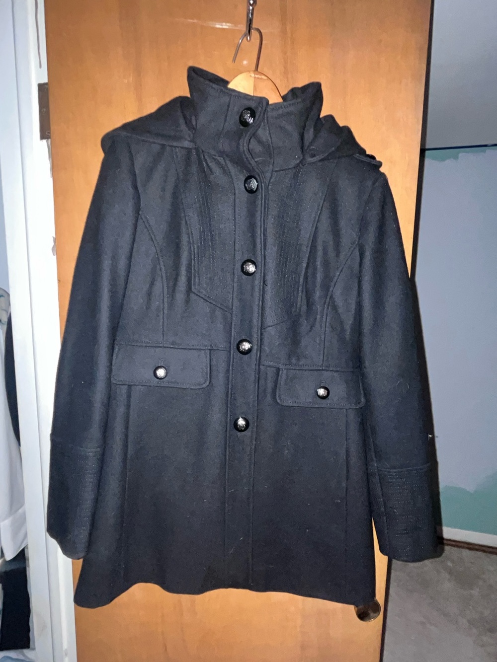 Guess Women's Black Hooded Wool-Blend Pea Coat